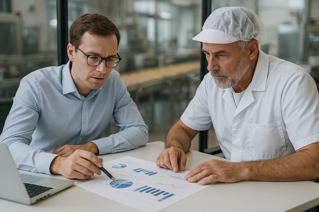 Contador consultivo discutindo estratégia financeira com o dono de uma indústria de alimentos