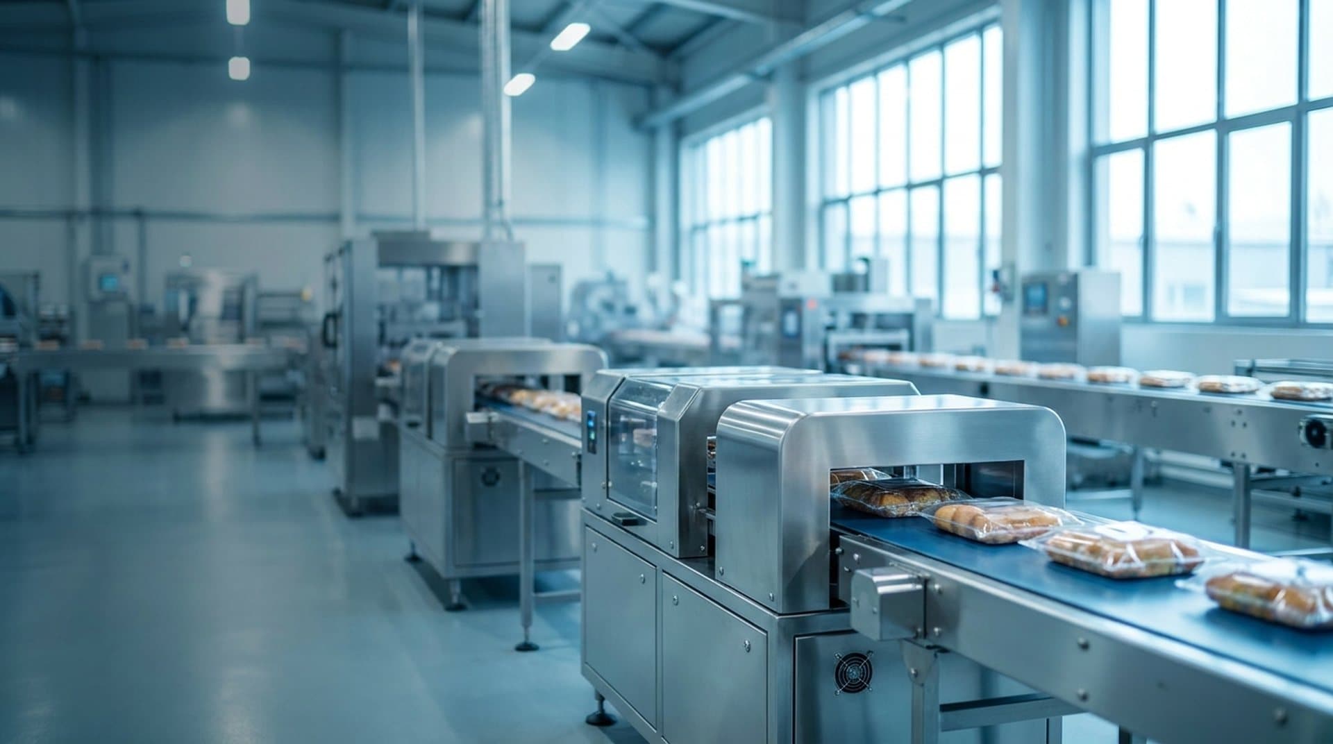 Linha de produção de uma indústria de alimentos moderna em operação, com equipamentos de aço inox