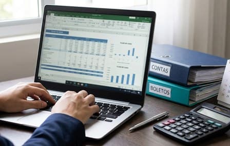 Mesa de trabalho financeiro com fluxo de caixa, contas e organização de pagamentos