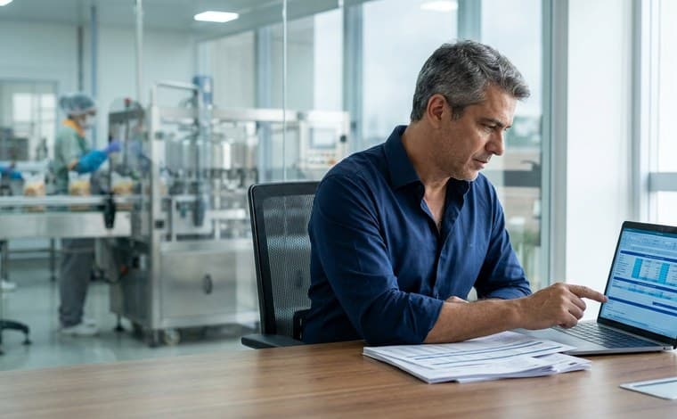 Empresário da indústria de alimentos analisando cenários tributários com apoio da Contábil Assessoria