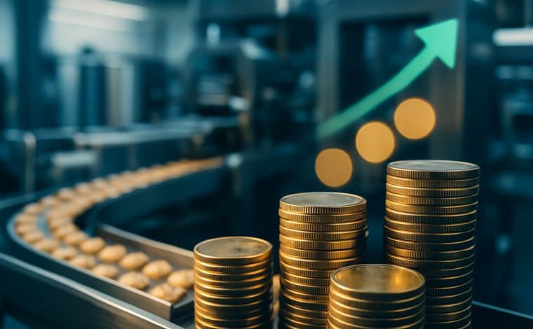 Documentos fiscais e relatórios financeiros de uma indústria de alimentos em análise de créditos tributários