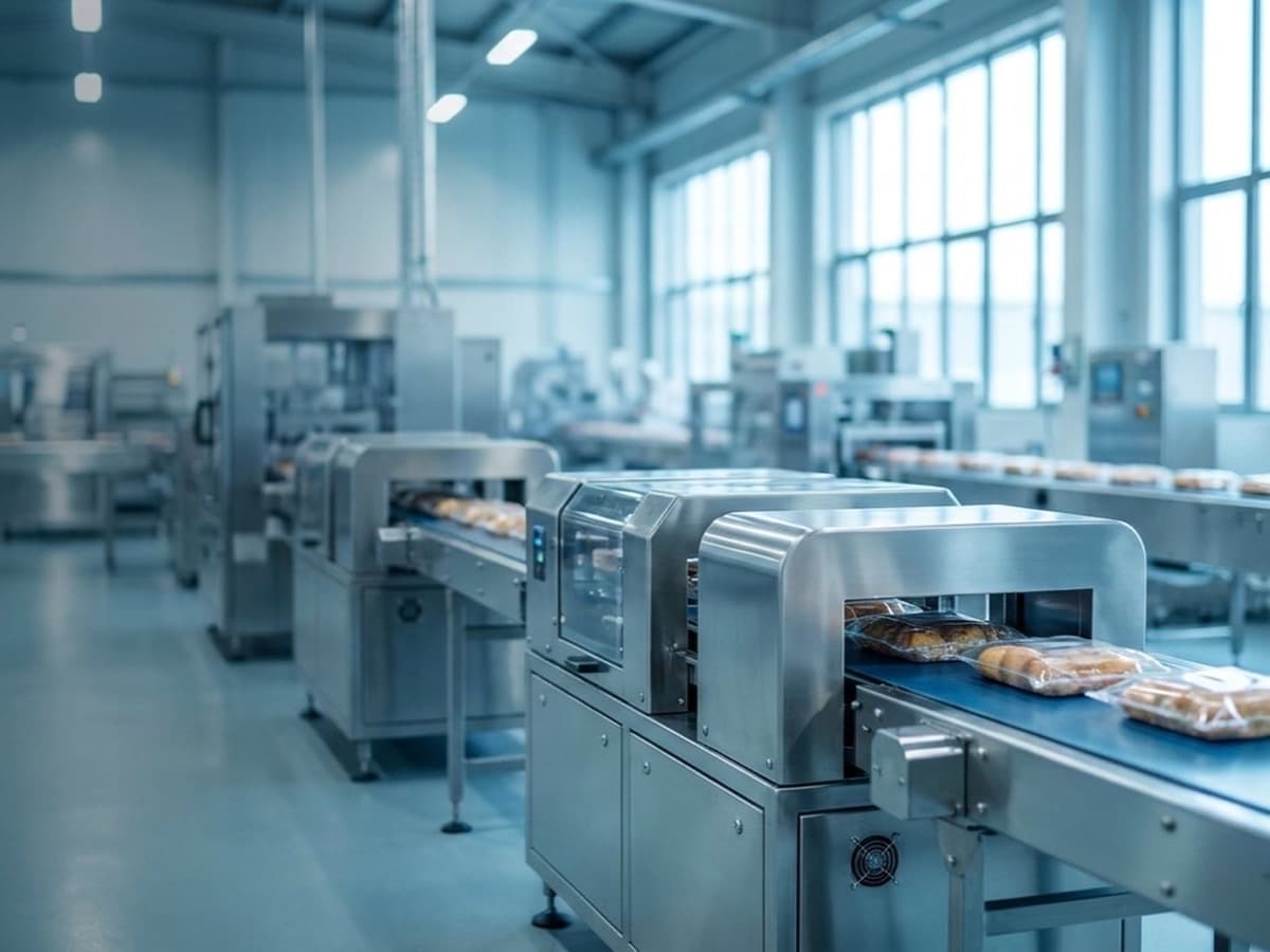 Linha de produção de indústria de alimentos em operação, com equipamentos de processamento e envase