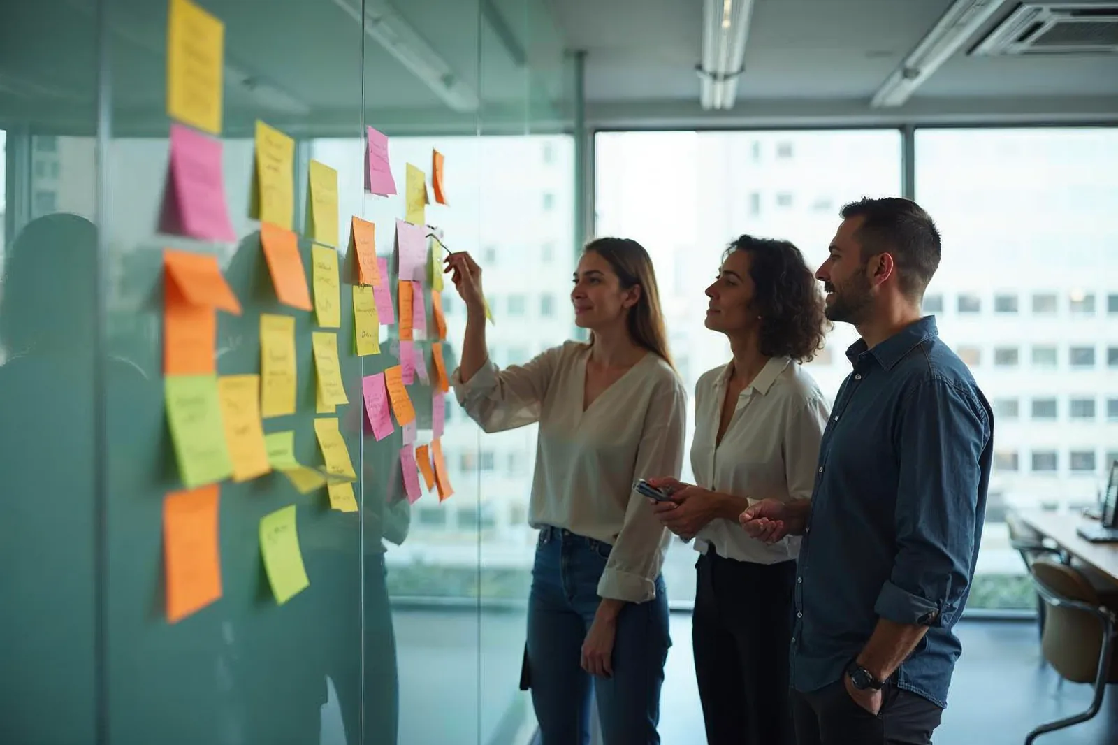 Equipe monta um cronograma com post-its coloridos na parede de vidro da sala de reunião
