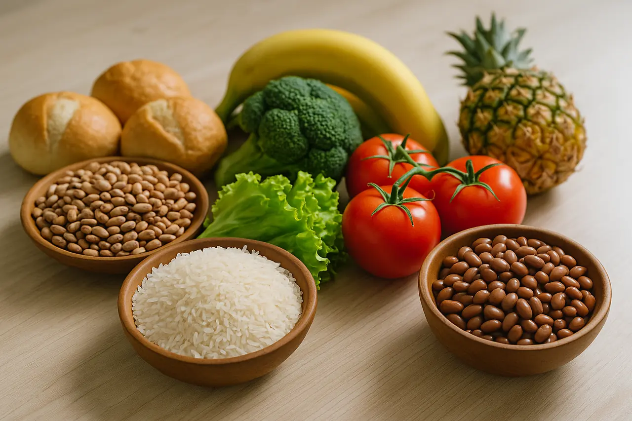 Alimentos básicos da cesta básica nacional dispostos sobre superfície clara