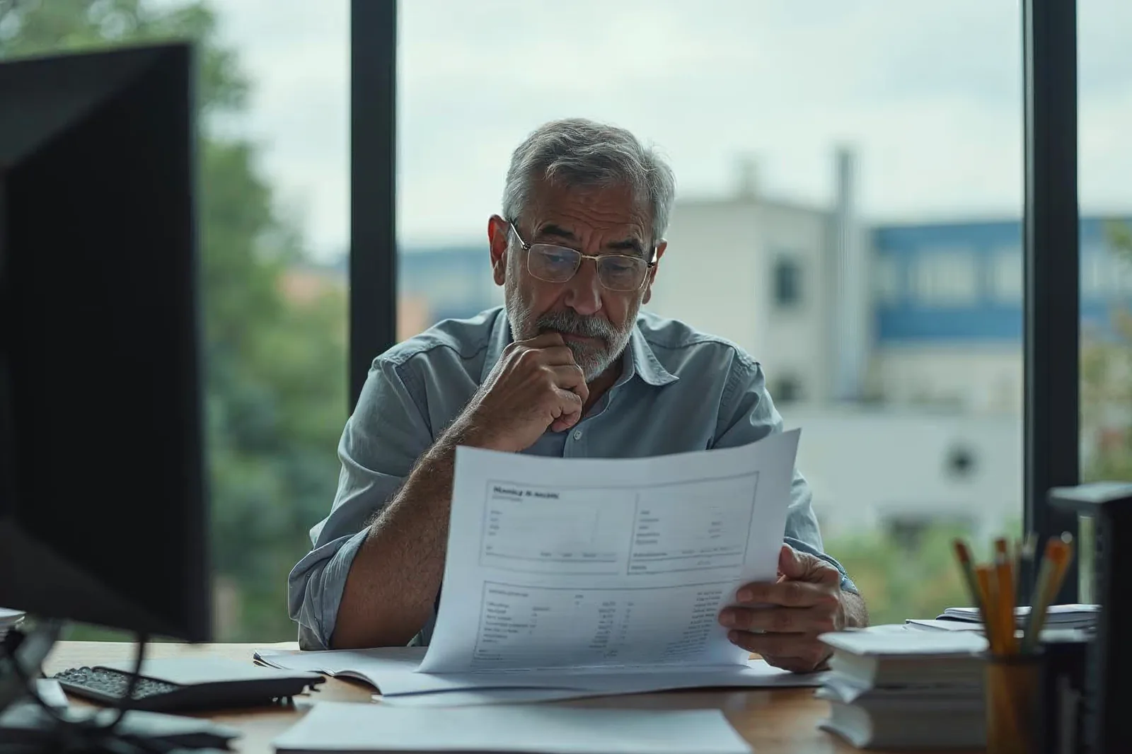Empresário revisa pensativo o resultado do ano no escritório, com o galpão ao fundo