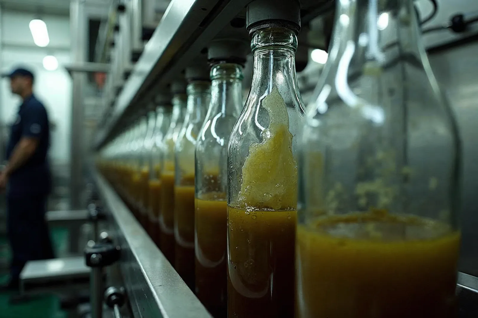 Garrafas percorrem a linha de envase e recravação de uma fábrica de bebidas