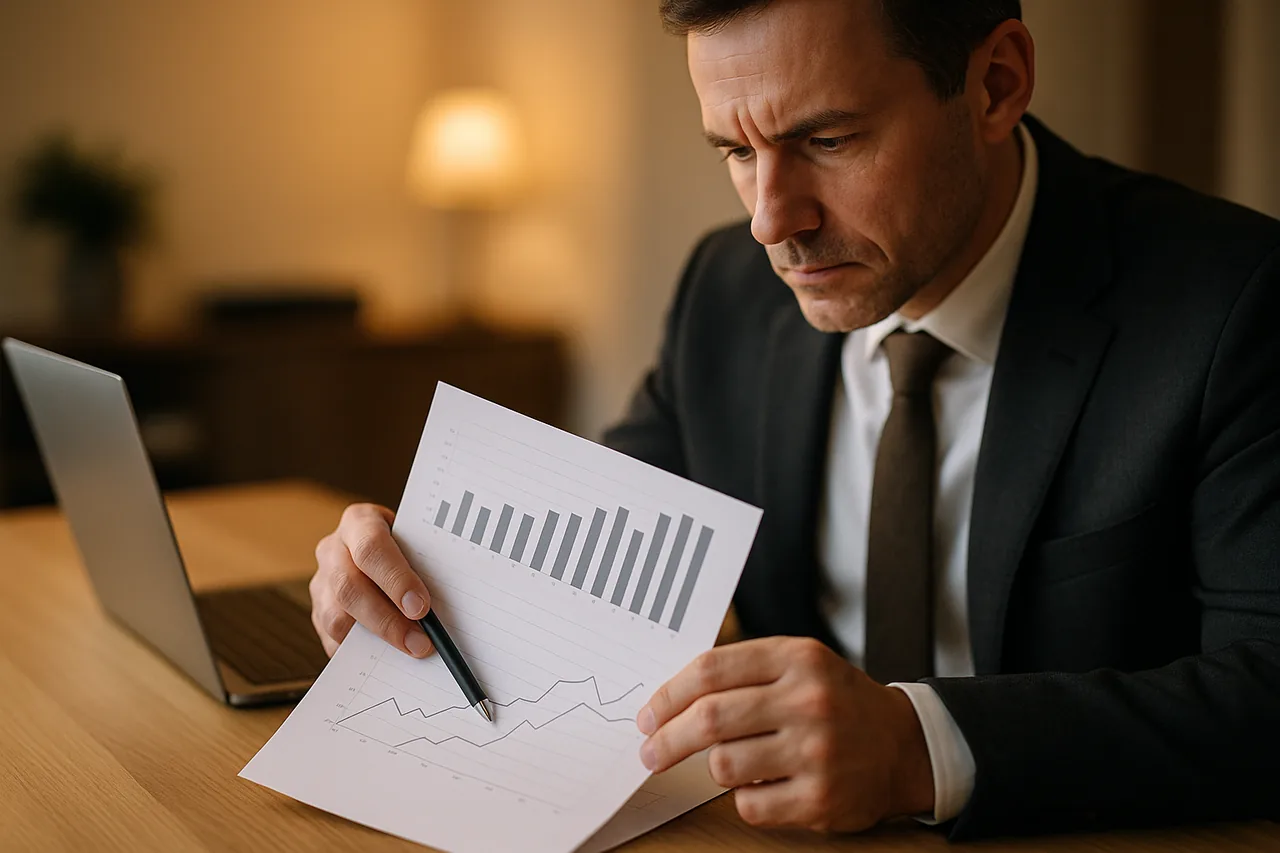 Gestor analisando indicadores e gráficos de um balanço contábil da indústria