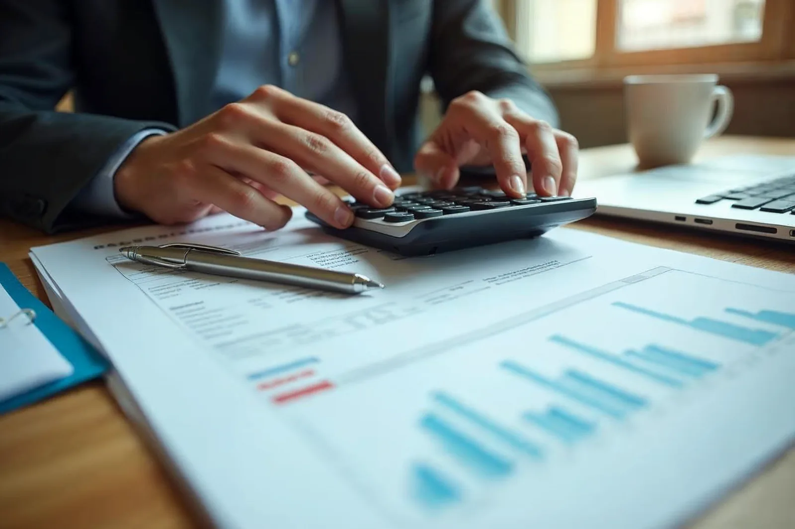 Mãos de contador operando a calculadora ao lado de um relatório contábil impresso