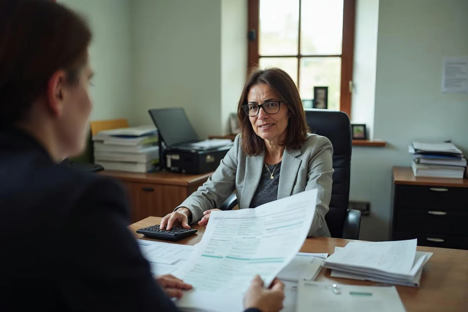 Contadora explica um número do relatório impresso ao cliente sentado do outro lado da mesa