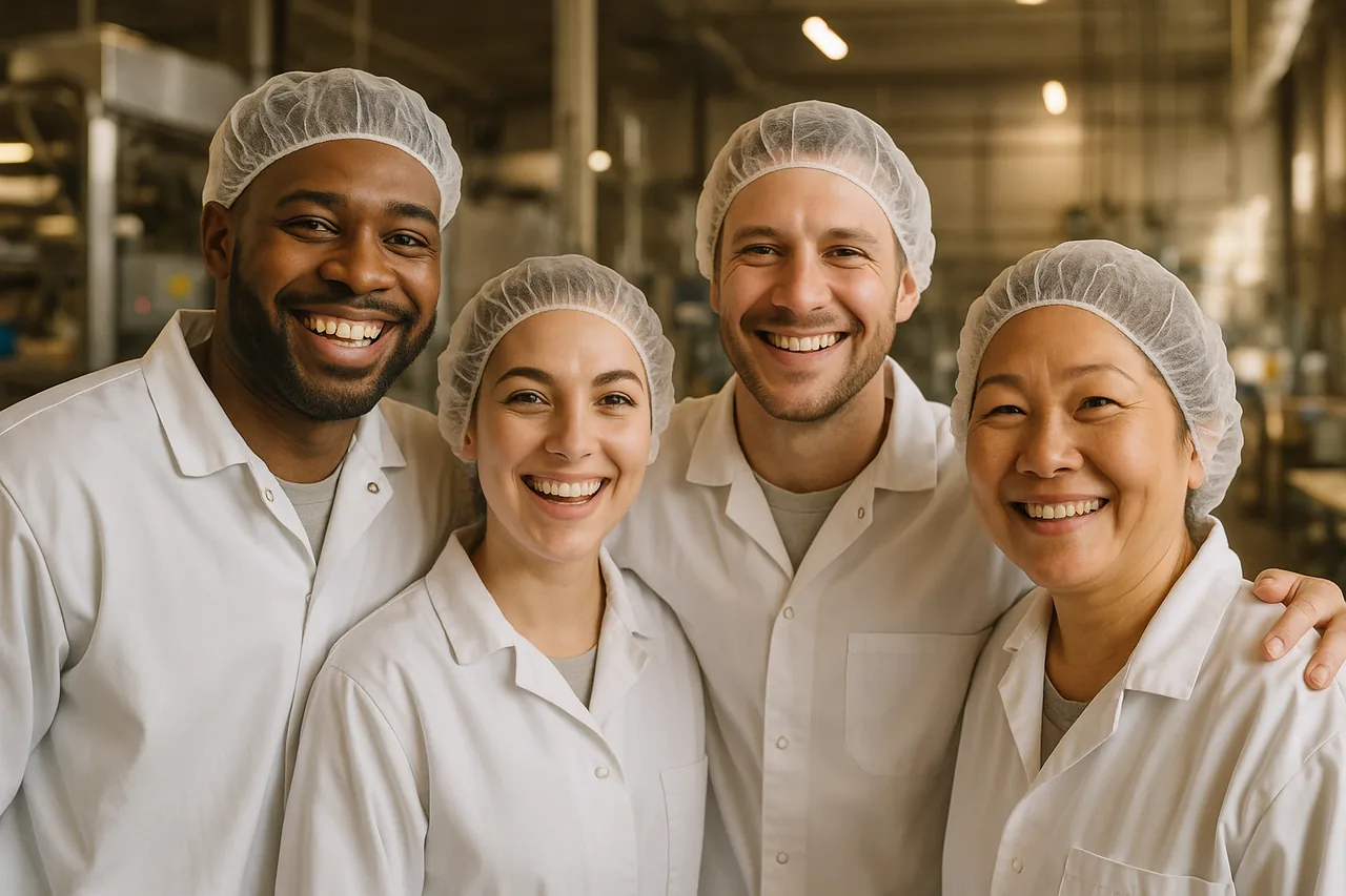 Equipe de funcionários da indústria de alimentos reunida em clima positivo