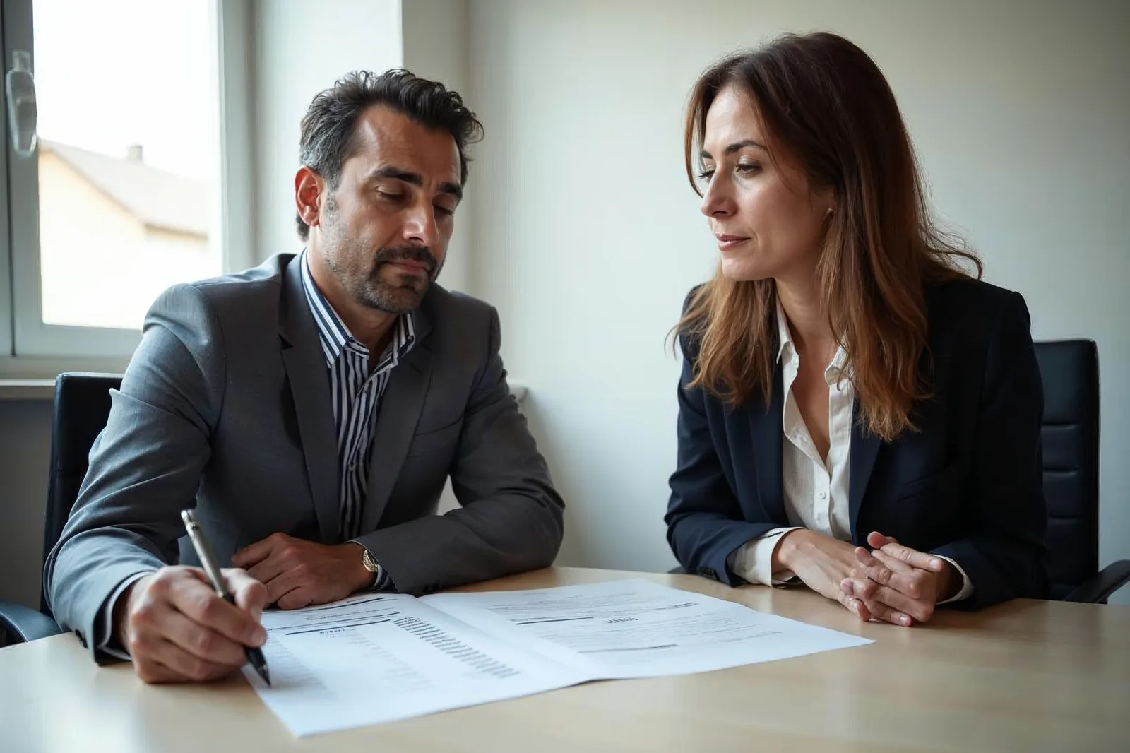 Dois sócios analisam com expressão séria um demonstrativo de distribuição de lucros